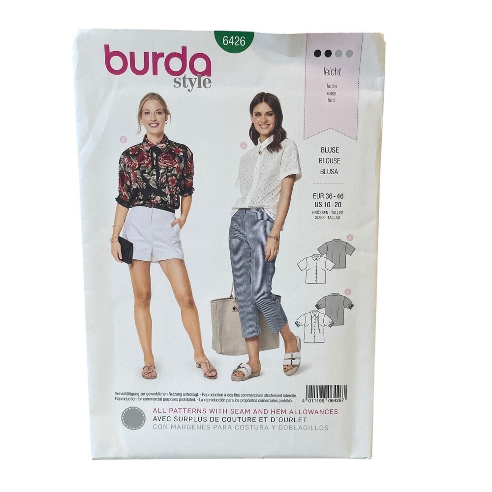 Burda Style 6426 Blouse Sewing Pattern US 10-20 Easy Stylish Tops UNCUT FF